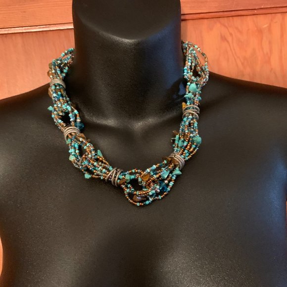 Faux Turquoise, Tiger Eye and Beaded Statement Necklace - Picture 1 of 14